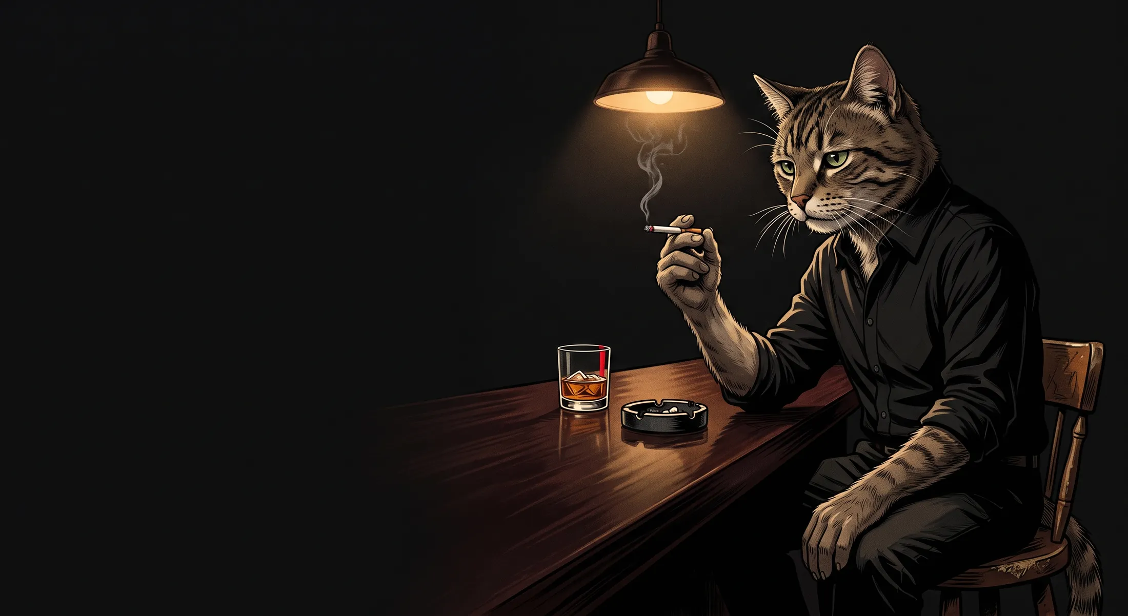 Un gatto in camicia nera seduto al bancone del bar, con una sigaretta accesa sotto una lampada calda.